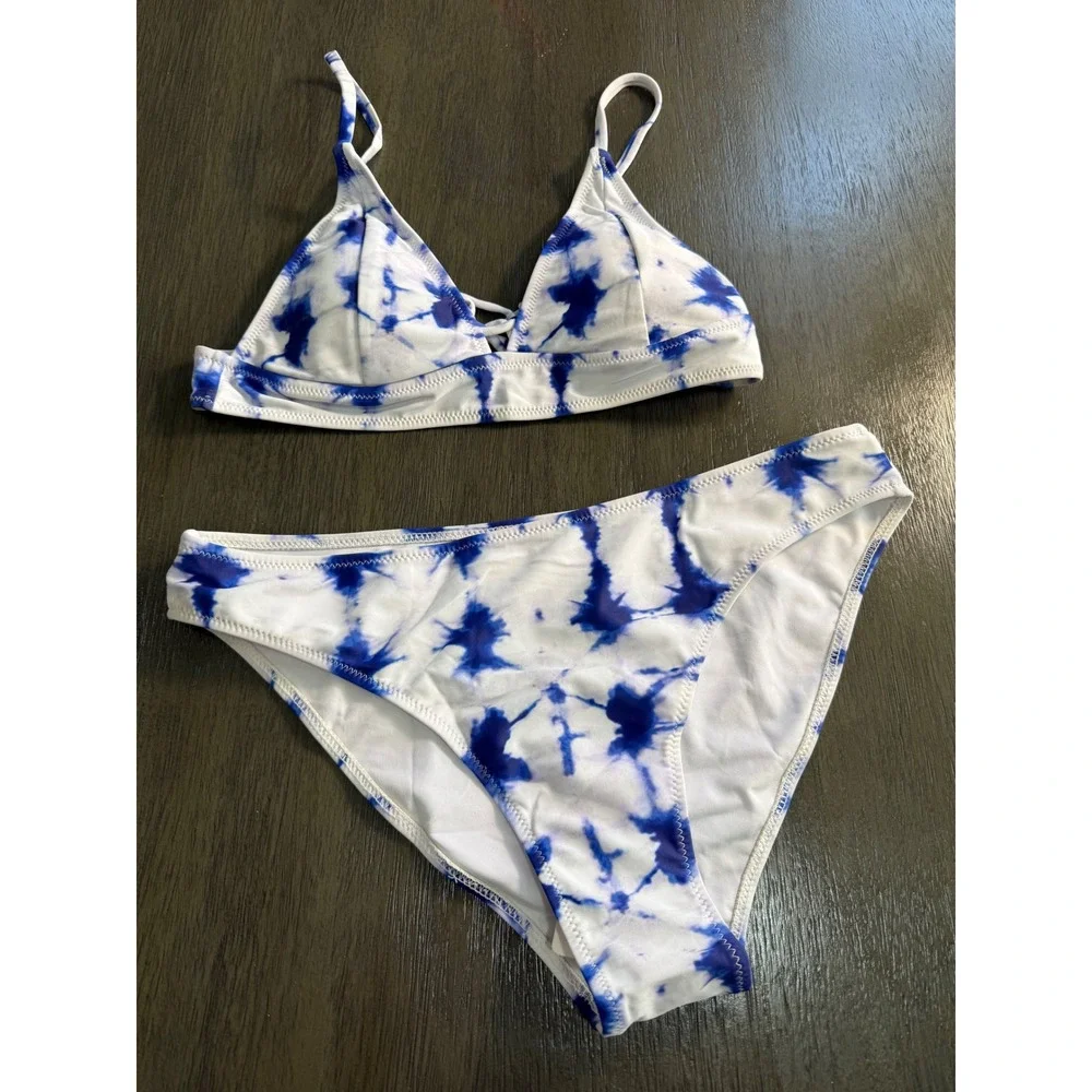 Cupshe Blue Tie-Dye Bikini Set‎ Adjustable Triangle Top & Cheeky Bottom  XL NEW